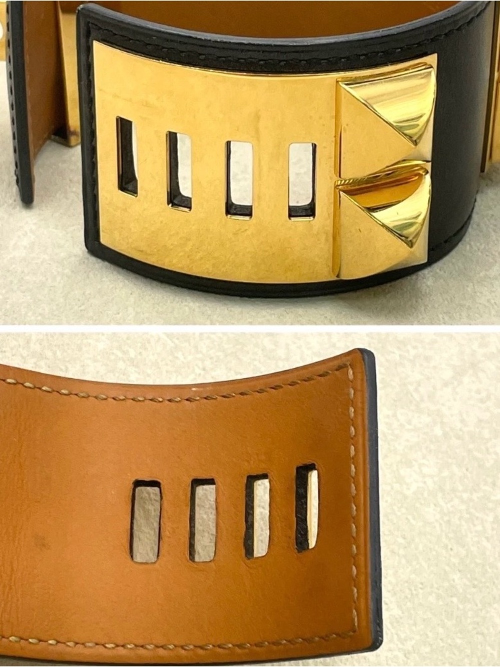 Hermès Collier de Chien Gold Hardware Wide Leather Cuff - Black/Gold - Picture 14 of 16